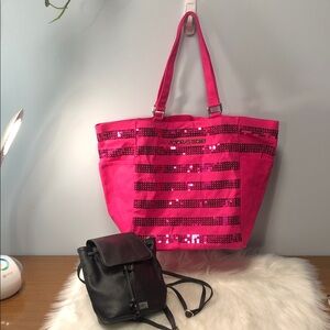 NWOT VICTORIA SECRET Canvas Sequin Hot Pink Duffle Tote Bag & VS Blk Backpack